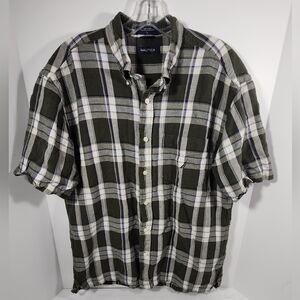 VINTAGE Nautica Casual Button Up Men's Short Sleeve Shirt Linen Large Green Rare